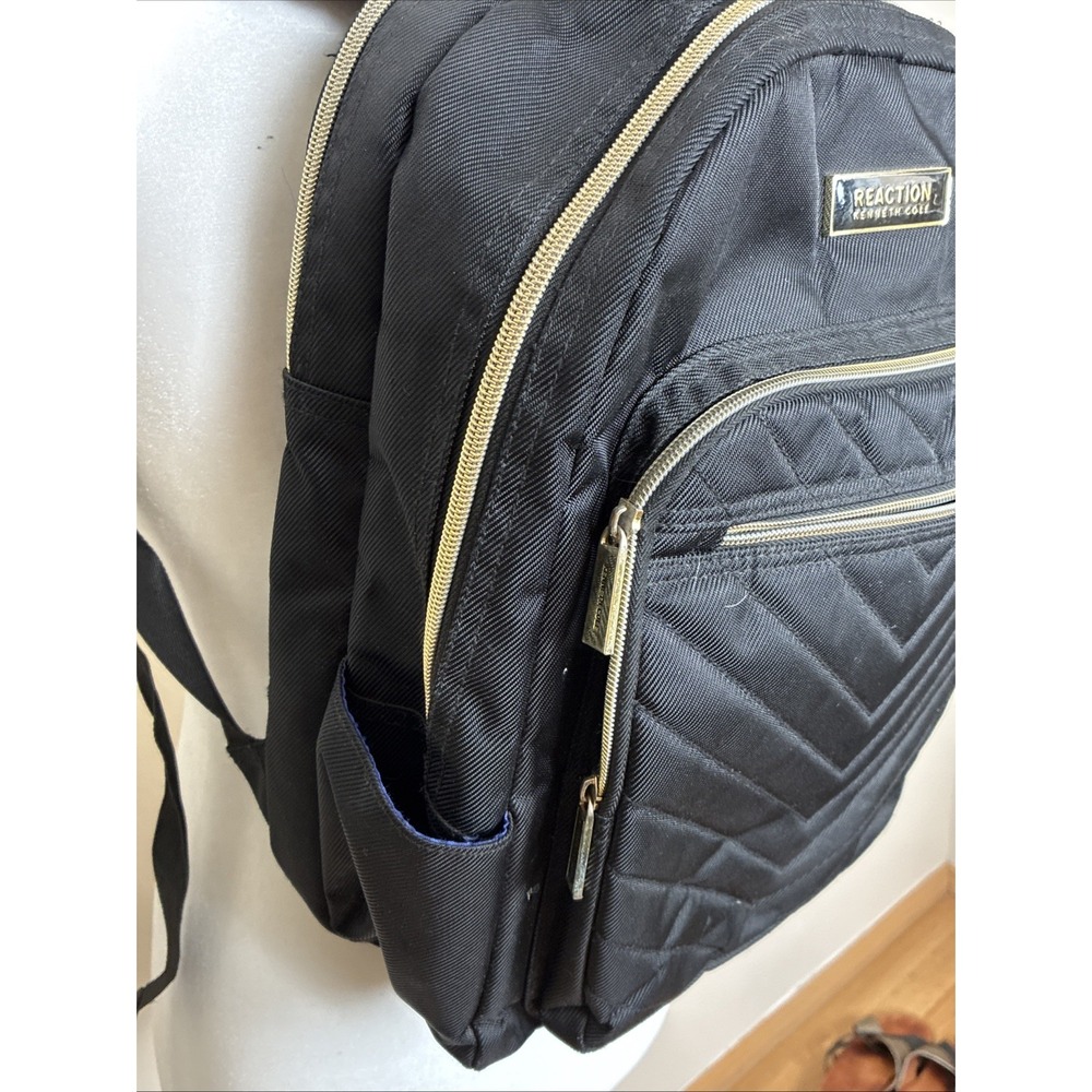 Kenneth Cole Reaction Backpack Black Nylon Chevron Quilted Gold Hardware Zipper - Picture 2 of 14